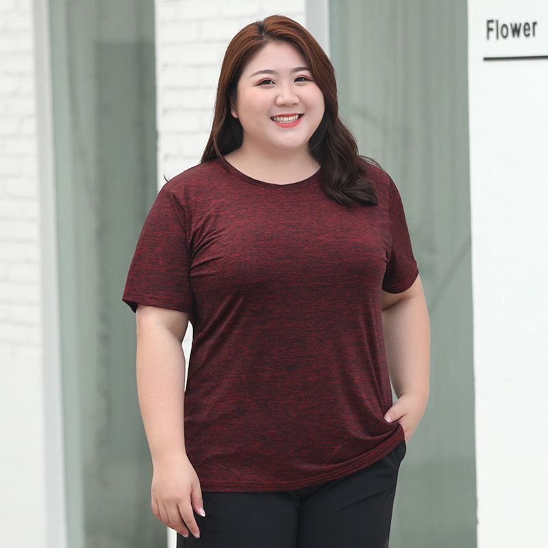 Ice silk T-shirt female summer large size short sleeve loose weight mm200 catty with extra sports blouses speed dry T-shirt elastic