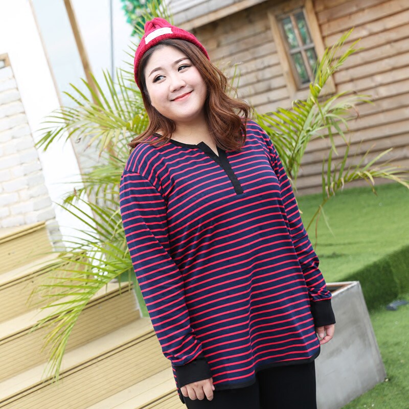 Qt Price Fatter Big Size Women's Dress Striped Long Sleeve T-shirt Fat Mm Plus Fat Increase Mid-Length Version Blouse 200 Catty Cotton