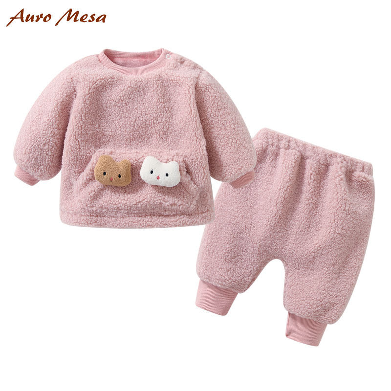 AuroMesa Winter New Ultra Cute Cat Lamb Suede Suit Woman Treasure Thickened Warm Blouse Trousers Two Sets