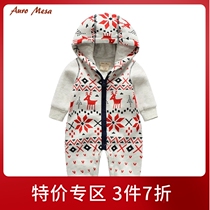 AuroMesa baby Christmas elk jumpsuit autumn and winter double-layer baby outwear hooded romper sweater romper