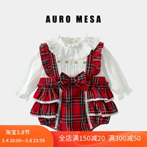 AuroMesa Baby Spring New Plaid Fake Two Triangle Khaki Woman Treasure Big Flap Long Sleeve One-piece Suit