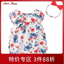 Auro Mesa female baby khaki Xia thin baby china feng shui ink printed one-piece clothes climbing and sending belt