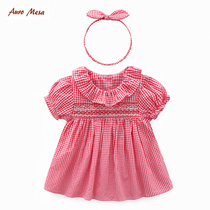 Auro Mesa female baby princess one-piece dress with suit summer baby plaid short sleeve dress 1-3 years old