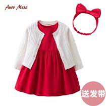 Auro Mesa baby one-piece dress with shorts for four sets of summer girl Grand red all-cotton dress