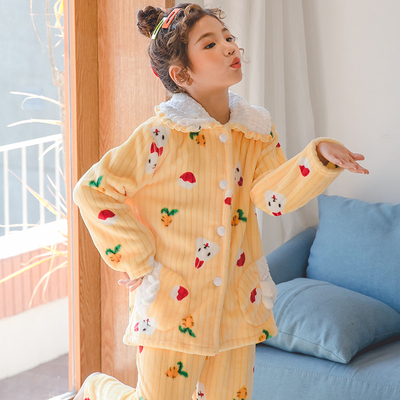 法兰绒珊瑚绒睡衣女童家居服套装
