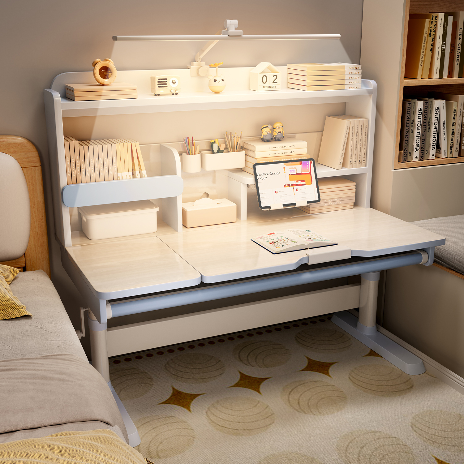 子供用勉強机 小学生用 ライティングデスク 無垢材 昇降式本棚テーブル 家庭用 宿題用 机と椅子のセット