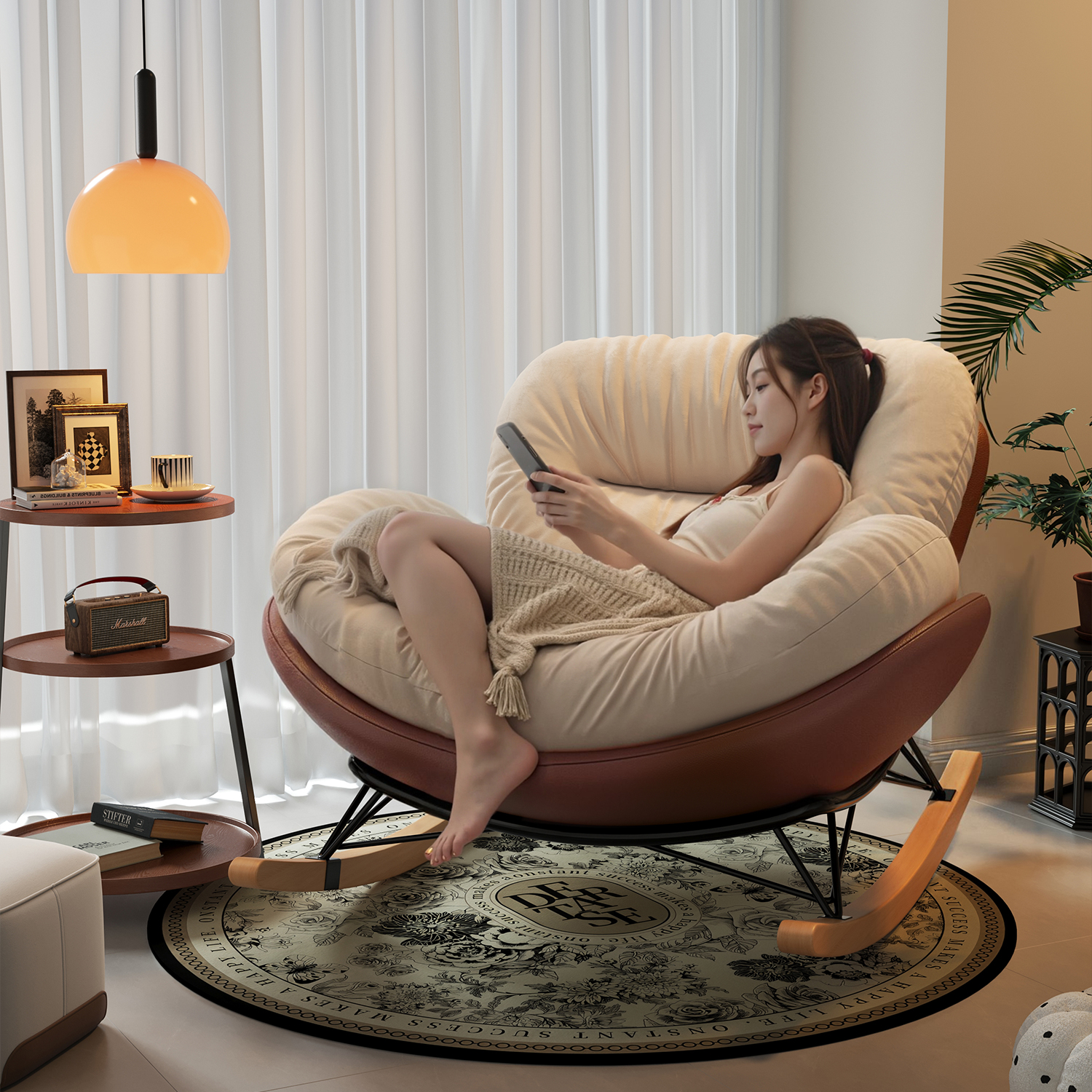 エッグシェルロッキングチェアリクライニングバルコニーホームレジャーシングルレイジーソファリビングルームライトラグジュアリーロッキングチェア大人は眠ることができます