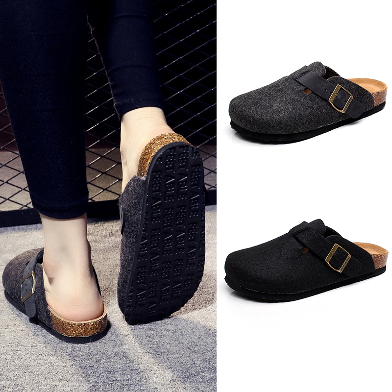 Guolofei Spring and Autumn Closed-Toe Shoes for Women, Felt Wool Cork Slippers, Large Size Half-Closed Lazy Flat Sandals for Men
