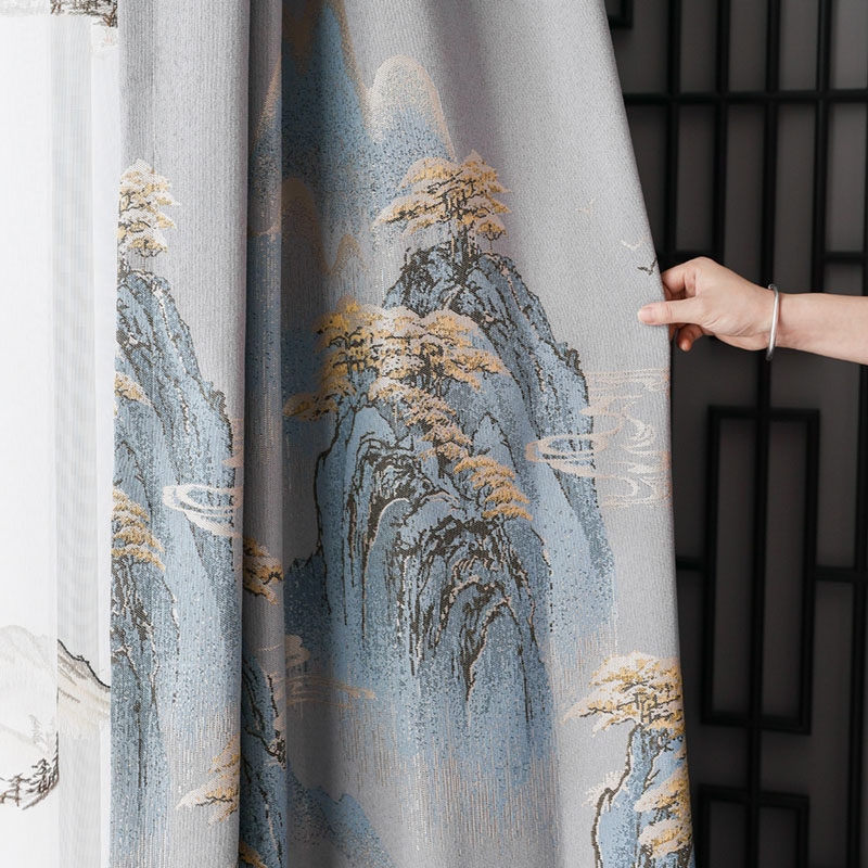 2021 new new Chinese finished products shading curtains landscape pattern color weave jacquard atmosphere book room living room