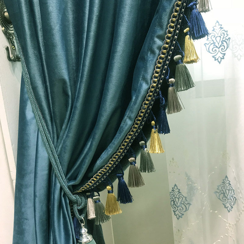 Curtain finished light luxury French flannel shading solid color high-end living room bedroom side beads special factory direct sales