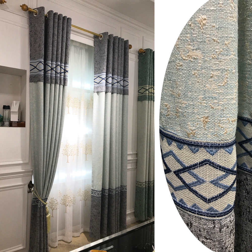 Curtain finished new Chinese splicing solid color lace relief cotton and linen simple atmosphere living room bedroom factory direct sales