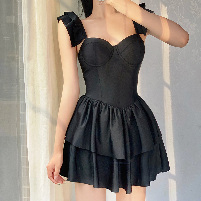 Seiger dark black princess with steel ring retro fairies high waist cake dresses slim fit swimsuit woman