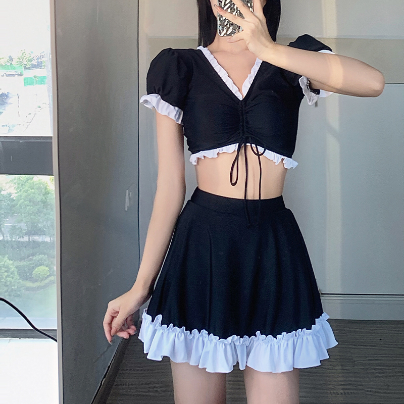 Shi Ke'er black is thin and covers the meat sexy boxer cover belly student girl conservative size chest summer two-piece swimsuit female