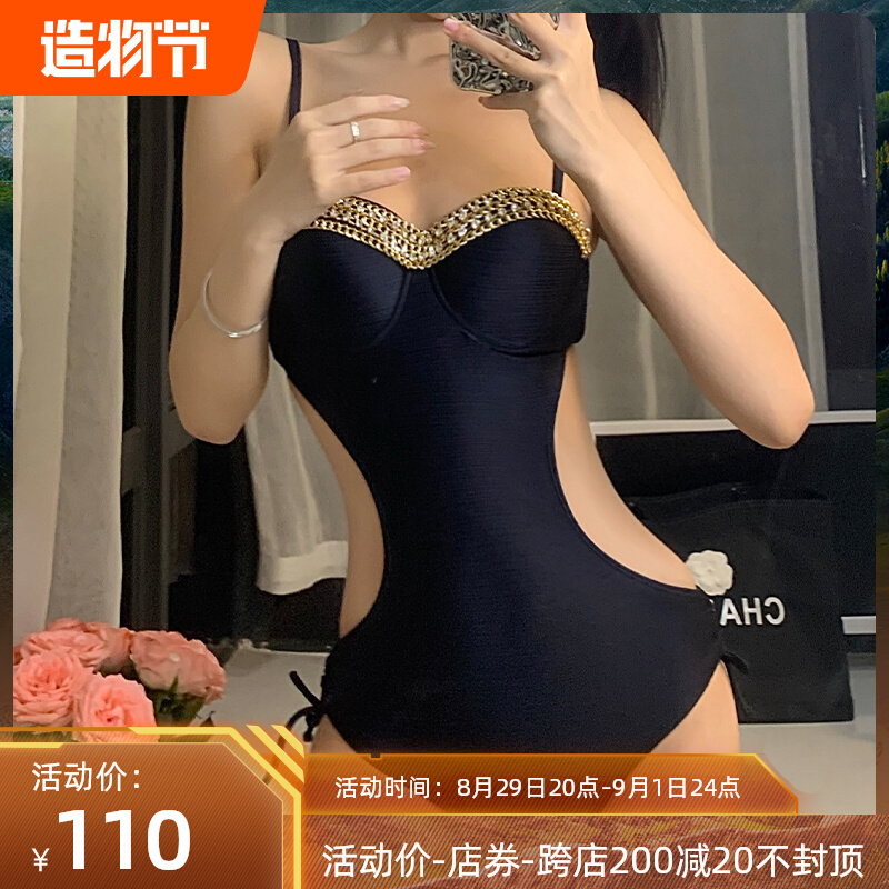 Shikeer steel support gathered sexy cover belly exposed waist hollow black open-back lace-up swimsuit women's summer one-piece Sanya