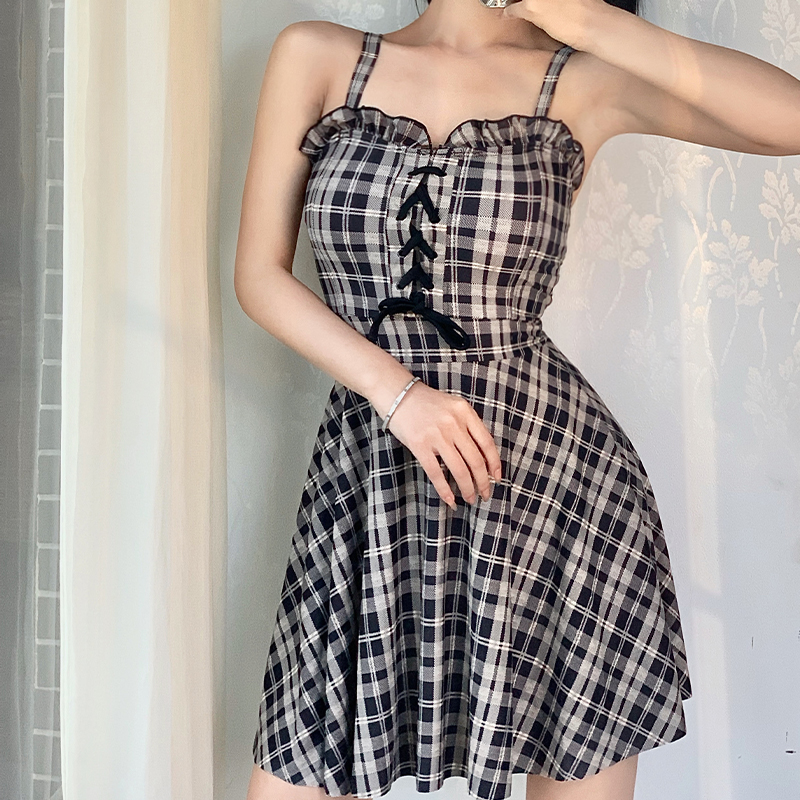Seiger's new retro plaid lace with high waist and belted skirt-style flat corner with swimsuit and summer conservative students to be thin