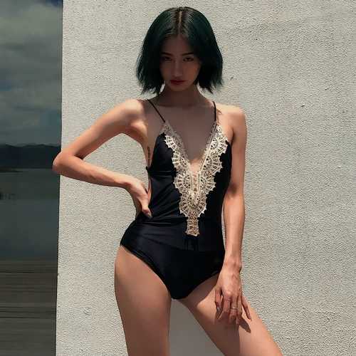 Кружевной черный купальник, коллекция 2022, европейский стиль, кружевное платье, с открытой спиной