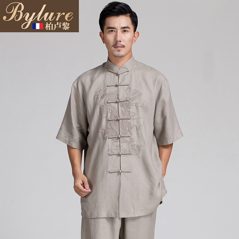 bylure Chinese style linen short sleeve embroidery tai chi suit summer middle sleeve martial arts long sleeve practice morning practice suit for men