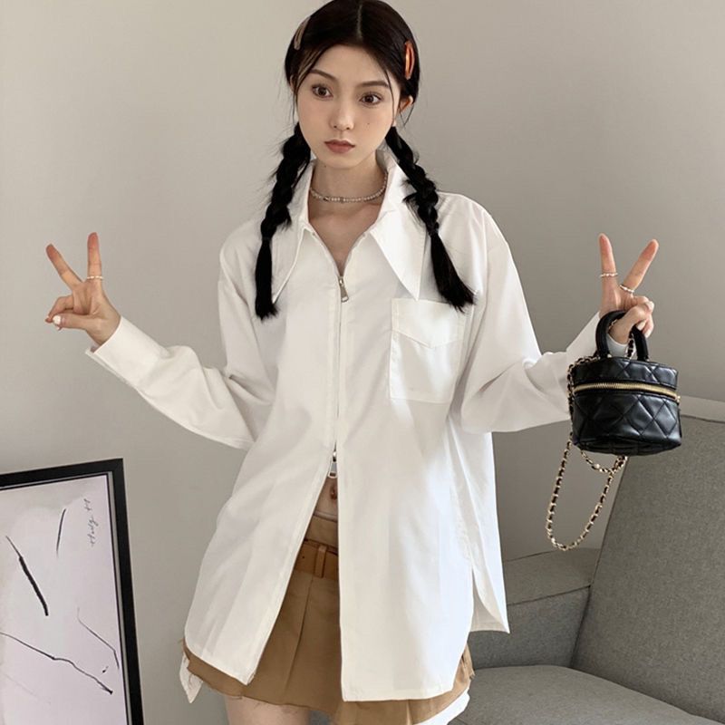 2026 French-Style Zipper White Long-Sleeve Shirt for Women, Spring and Autumn, Niche Loose Slimming Shirt, Unique and Chic Top