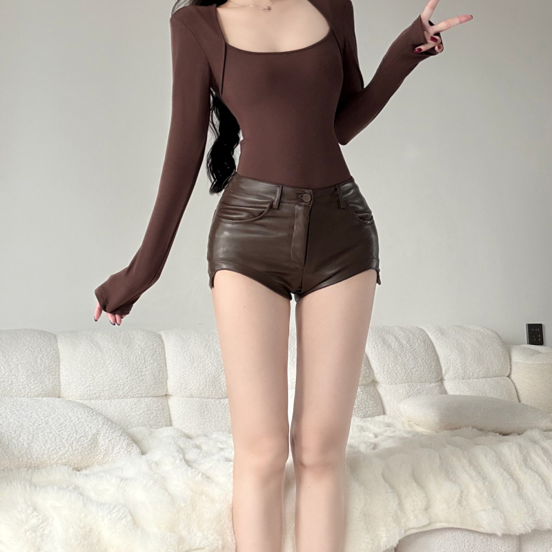 Sexy Hot Girl Mid-High Waist Pu Leather Hip-Enhancing Butt-Lifting Long-Leg Shorts Spring New Style Women's Hip-Hugging Cool Hot Pants Trendy