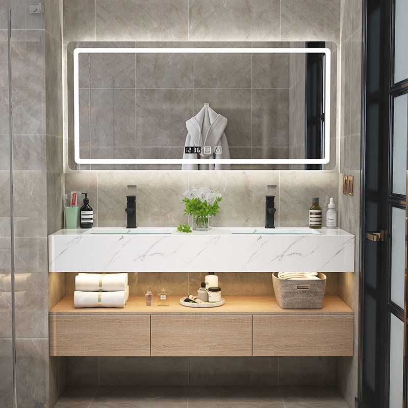 Hotel-style smart bathroom cabinet combination solid wood marble powder room washbasin double-slot washbasin hand wash washbasin bath cabinet