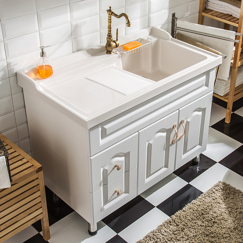 Balcony Solid Wood Cabinet Ground Laundry Cabinet Bath Cabinet Combination Quartz Stone Pool With Washboard Laundry Pool Washing Machine Cabinet