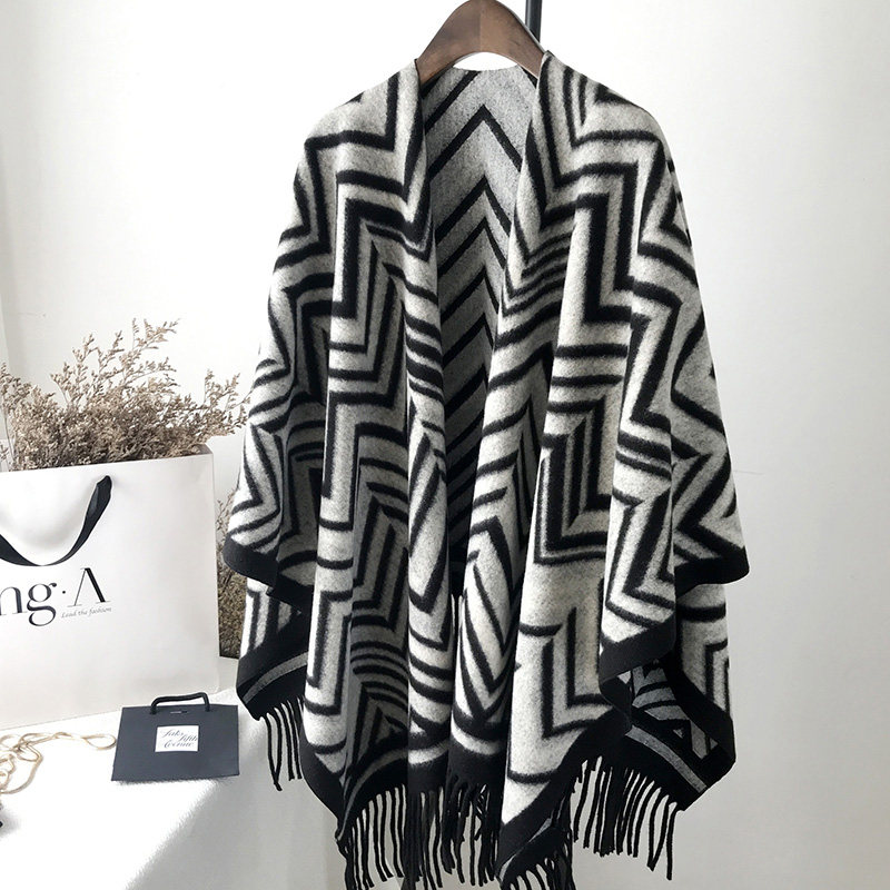 Shawl cloak female spring and autumn Han Edition striped wave scarf spring middle and long-edition wool cloak coat coat
