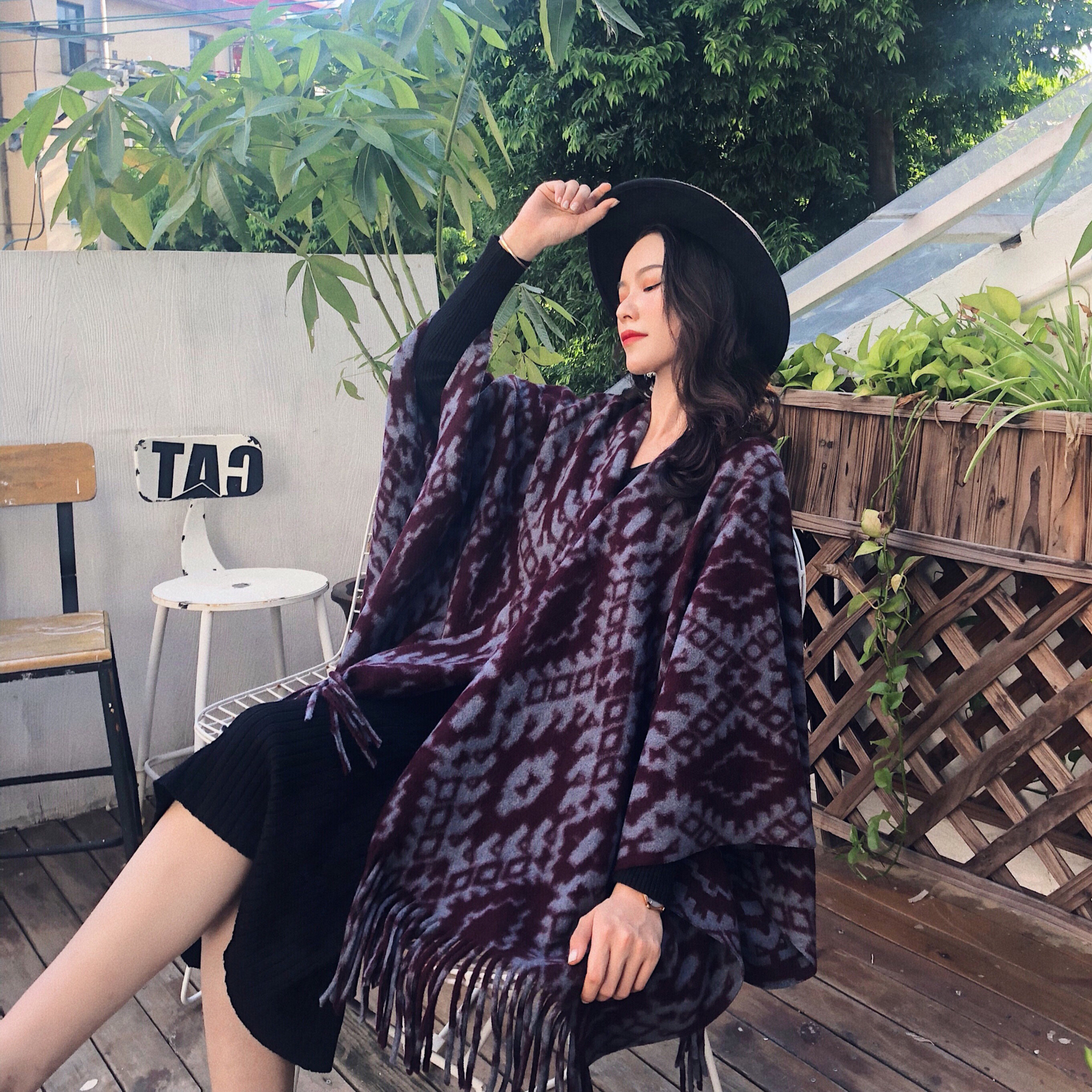 Wool cape shawl Women's spring literature and art wild ethnic style long fringed thick wool cloak coat Spring and autumn