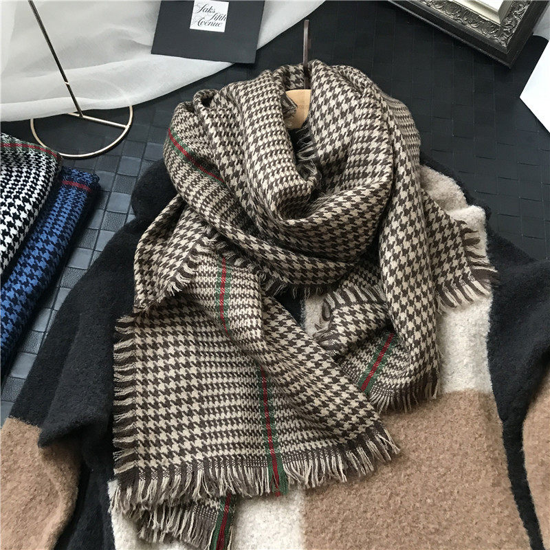 100% pure wool scarf female winter houndstooth plaid tassel thickened Joker shawl thick wool scarf spring and autumn