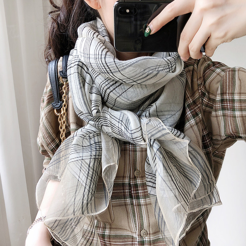 Scarf Female autumn Korean version wild silk wool contrast fine plaid Mulberry silk shawl Winter long yarn towel Spring and autumn