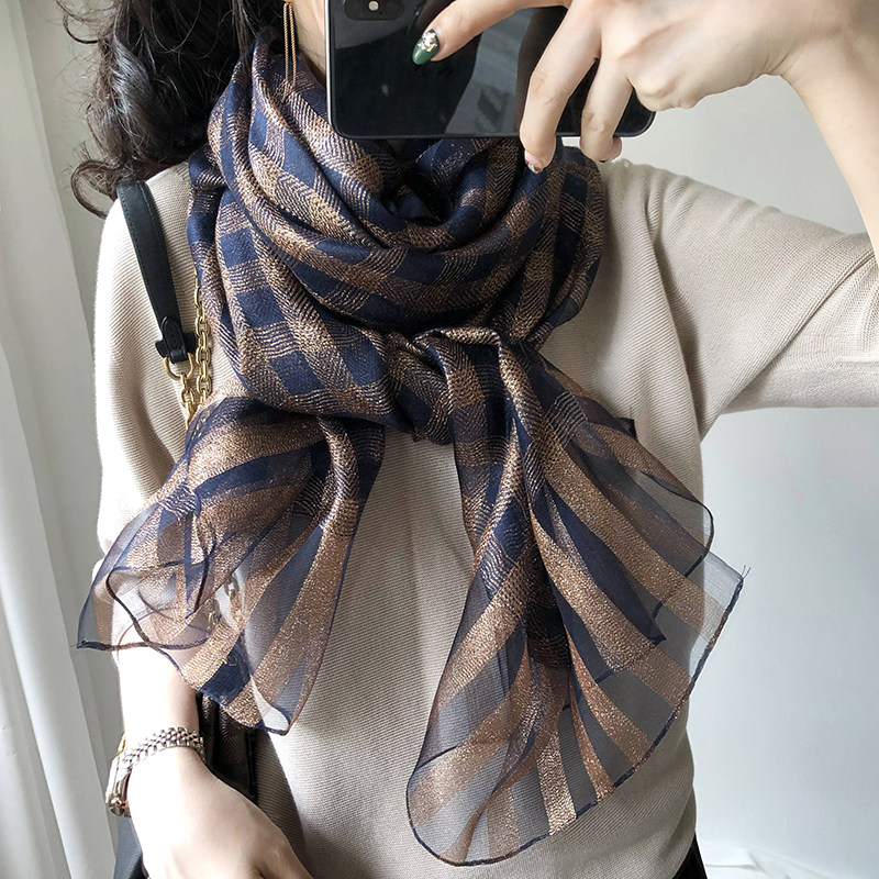 Silk Scarves 100 Hitch Spring Autumn True Silk Wool Gold Thread Warm Plaid Mulberry Silk Cloak Shoulder Long Veil Scarves Spring