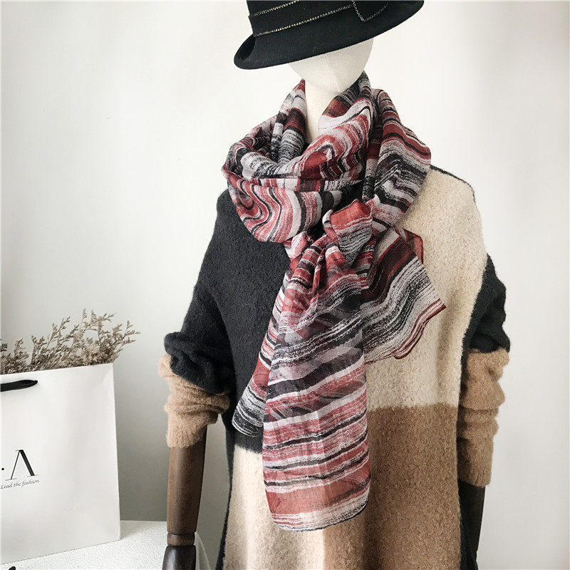 True silk wool scarlet lady spring autumn Korean version 100 hitch striped foreign sunscreen big yarn towel shawl long version scarves fall