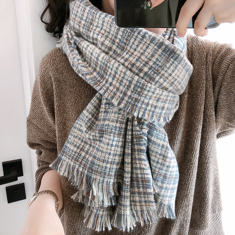 Scarf women's winter small fragrance style wild braided gold thread fine plaid shawl spring and autumn warm long thick scarf autumn and winter