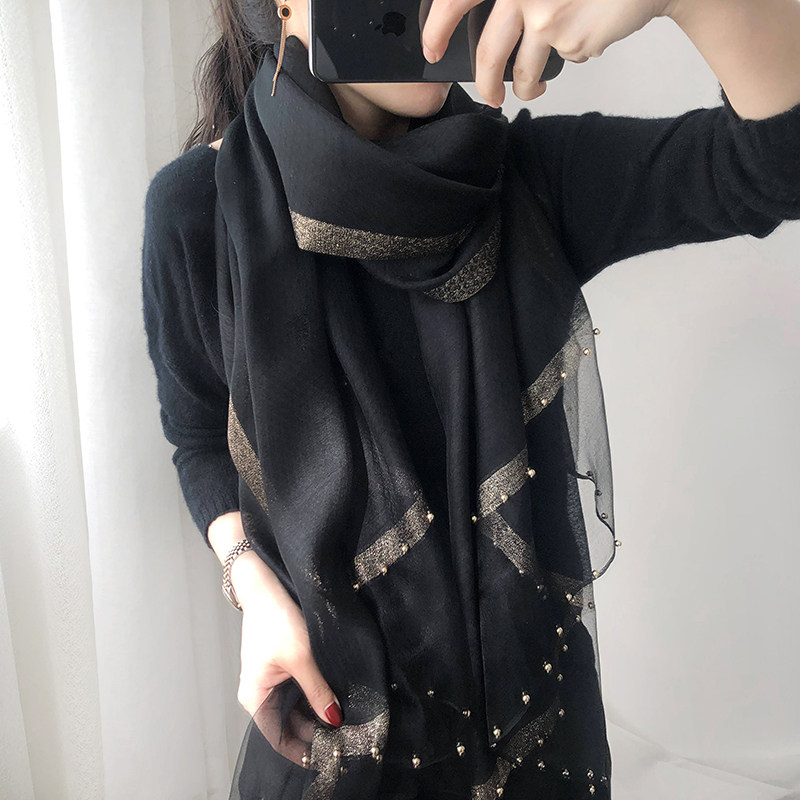 Silk scarves women 100 hitch spring autumn Korean version gold thread water corrugated pure color genuine silk nail beads scarf thin shawl long yarn towel fall