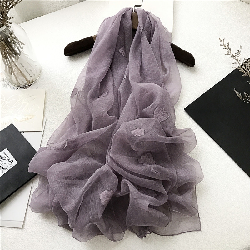 Scarf Women's spring and summer thin Korean version of wild embroidery butterfly long shawl Mulberry silk solid color silk scarf yarn towel summer