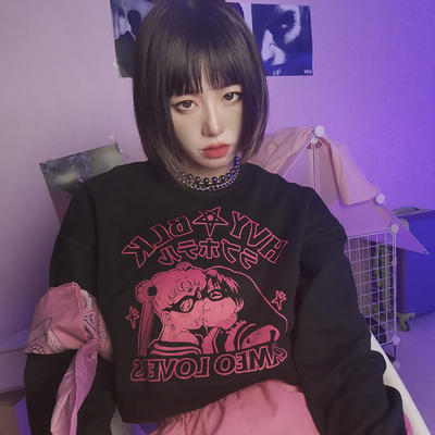 Harajuku hot girl short hoodie Japanese JK girl black sweet long-sleeved pullover printed sweet top