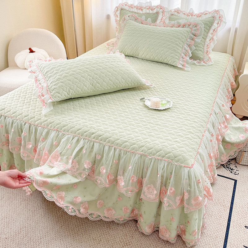 Korean-Style Class a Pearl Cotton Single-Piece Quilted Bed Skirt, Princess-Style Lace Trim, Non-Slip, Anti-Embarrassing Bed Cover Three-Piece Set