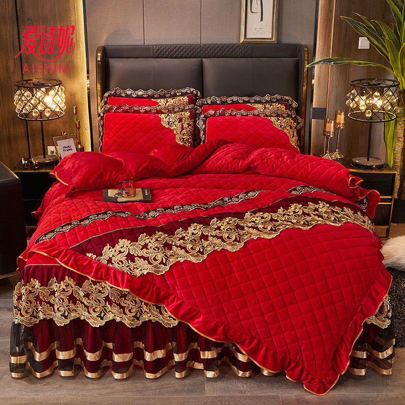 Autumn and Winter Warm Quilted Crystal Velvet Duvet Cover Single Piece Thickened Warm Short-Haired Coral Velvet Bed Skirt Duvet Cover Three or Four-Piece Set
