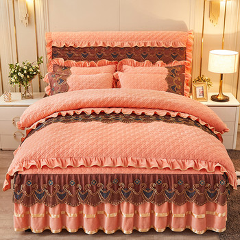 European-Style Coral Milk Velvet Quilted Bed Skirt Four-Piece Set, Thickened Non-Slip Double-Sided Crystal Velvet Duvet Cover, Bedspread for Winter