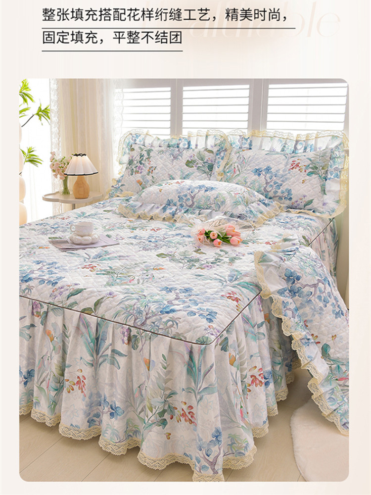 Korean Style Quilted Single-Piece Bed Skirt, Suitable for All Seasons, Lace Ruffle Edge Non-Slip Bed Cover Three-Piece Set, 2024 New Model