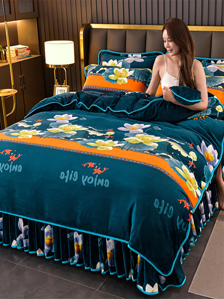 Winter Thickened Double-Sided Milk Velvet Four-Piece Set, Flannel Duvet Cover, Bed Skirt Style, Golden Mink Coral Velvet Bed Sheet, Non-Shedding