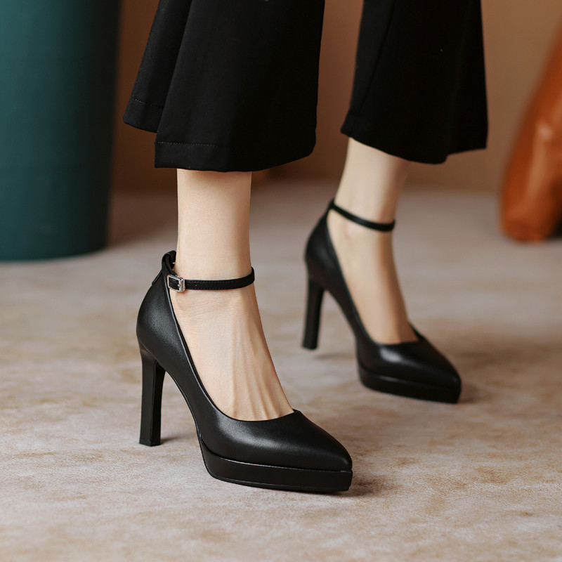 Cheongsam Model Catwalk High Heels Women's Black Single Strap Pointed Toe Chunky Heel Platform Genuine Leather Work Shoes Large and Small Sizes