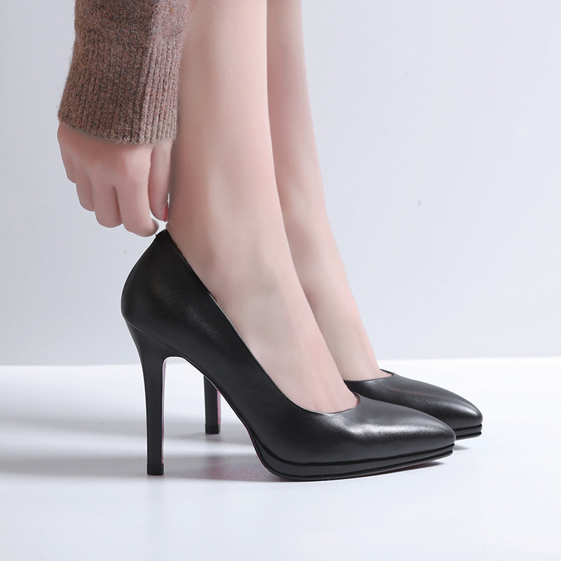 Genuine Leather Work Shoes for Women, Black Elegant Professional Shoes, Pointed Toe, Waterproof Platform, Interview, Stiletto Heel, Commuting, Art Exam High Heels