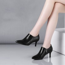 Working Shoes Woman Genuine Leather Black Pointed Fine Heel And Ankle Nude Boots Heel High Heel Short Drum Short Boot Deep Mouth Single Shoe Woman