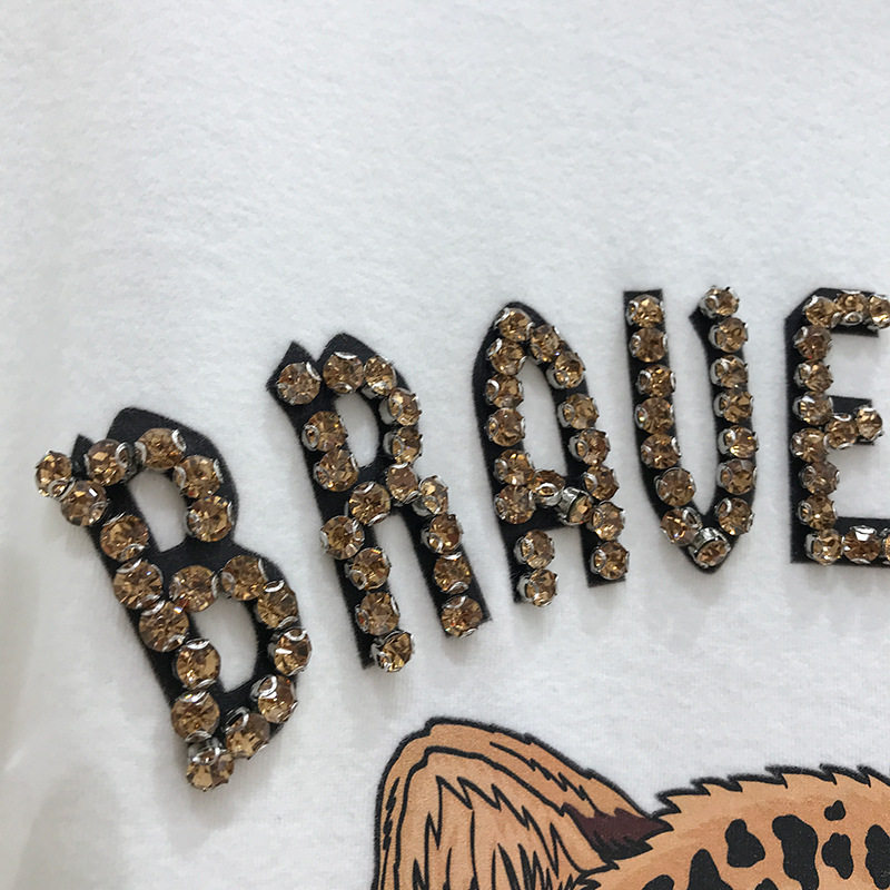 磨毛短袖t恤女2023秋冬加厚重工镶钻时尚老虎头上衣ins潮一件代发详情13