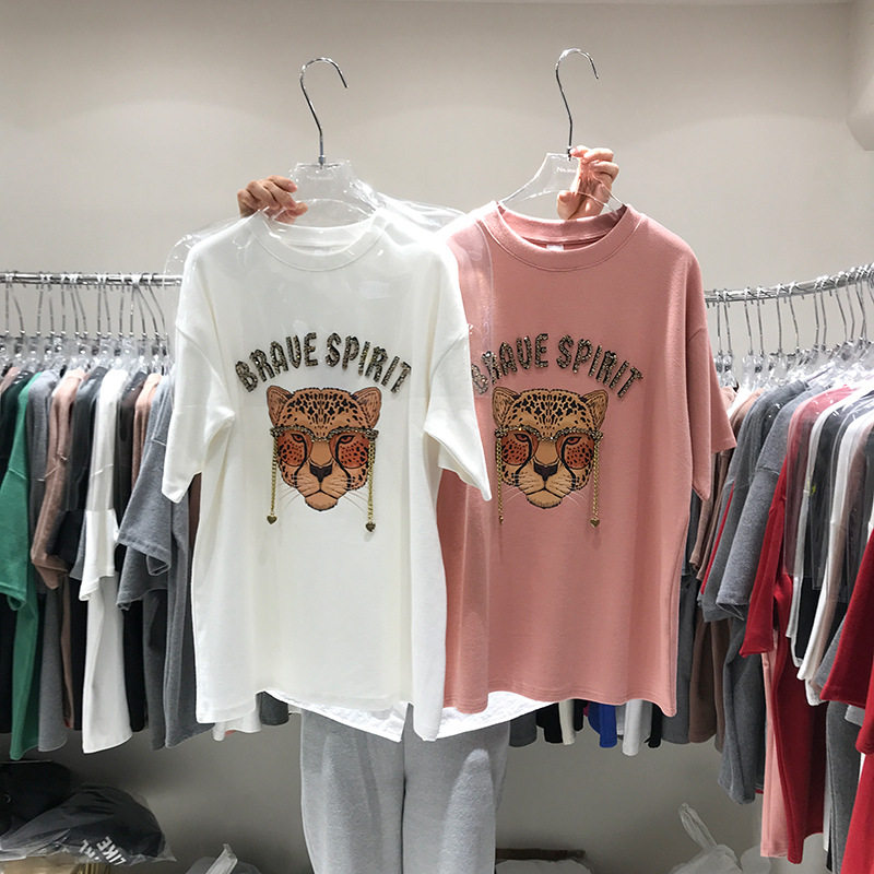 磨毛短袖t恤女2023秋冬加厚重工镶钻时尚老虎头上衣ins潮一件代发详情12