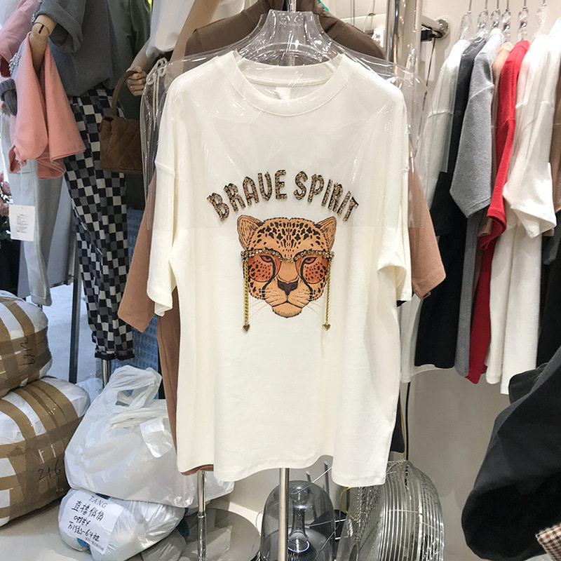 磨毛短袖t恤女2023秋冬加厚重工镶钻时尚老虎头上衣ins潮一件代发详情6