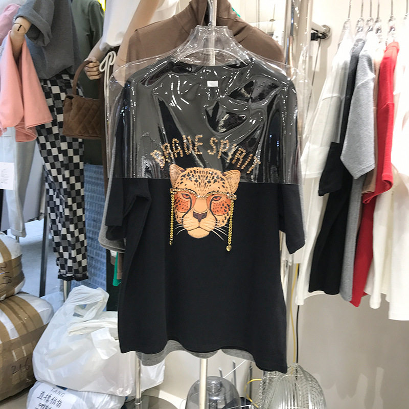 磨毛短袖t恤女2023秋冬加厚重工镶钻时尚老虎头上衣ins潮一件代发详情7