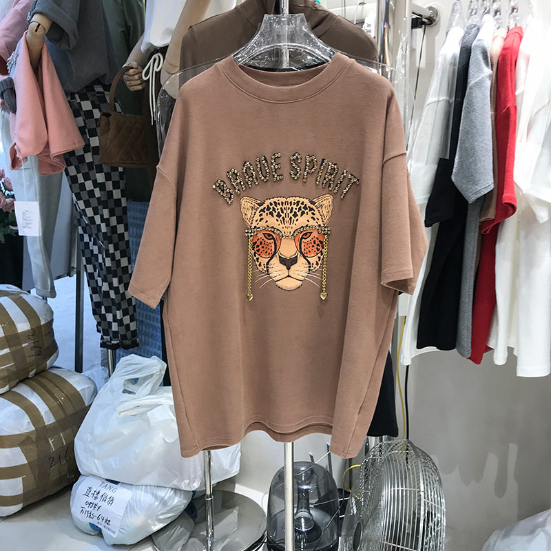 磨毛短袖t恤女2023秋冬加厚重工镶钻时尚老虎头上衣ins潮一件代发详情5