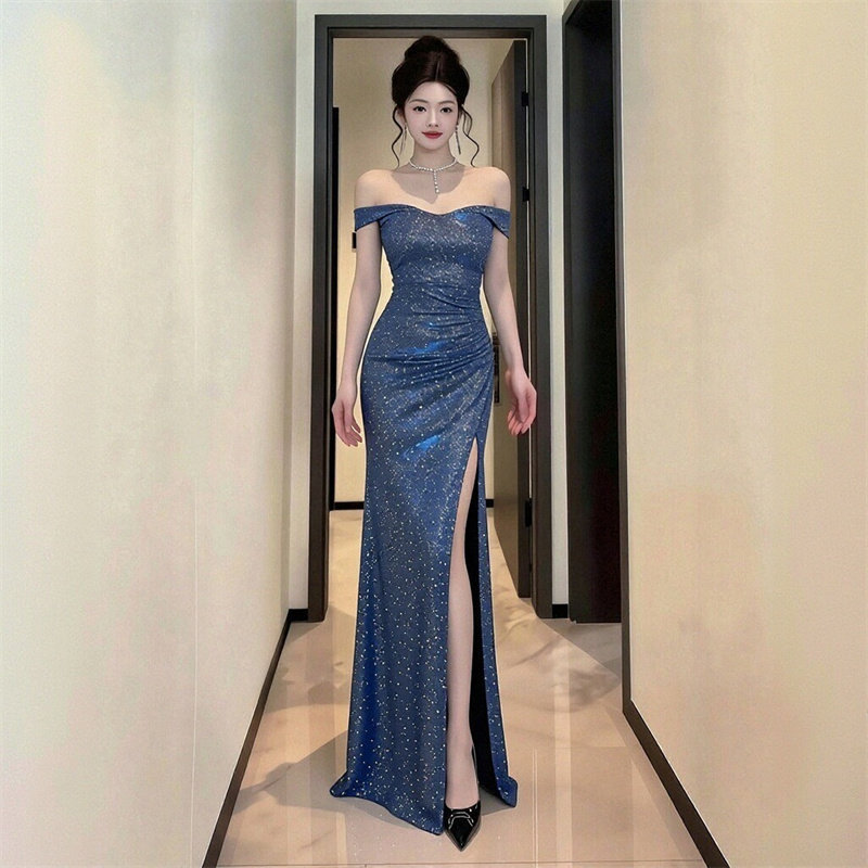 2026 Light Luxury Blue Starry Sky Dress Niche One-Shoulder Waist-Cinching High-Slit Evening Host Mermaid Long Dress 2026 Light Luxury Blue Starry Sky Dress Niche One-Shoulder Waist-Cinching High-Slit Evening Host Mermaid Long Dress