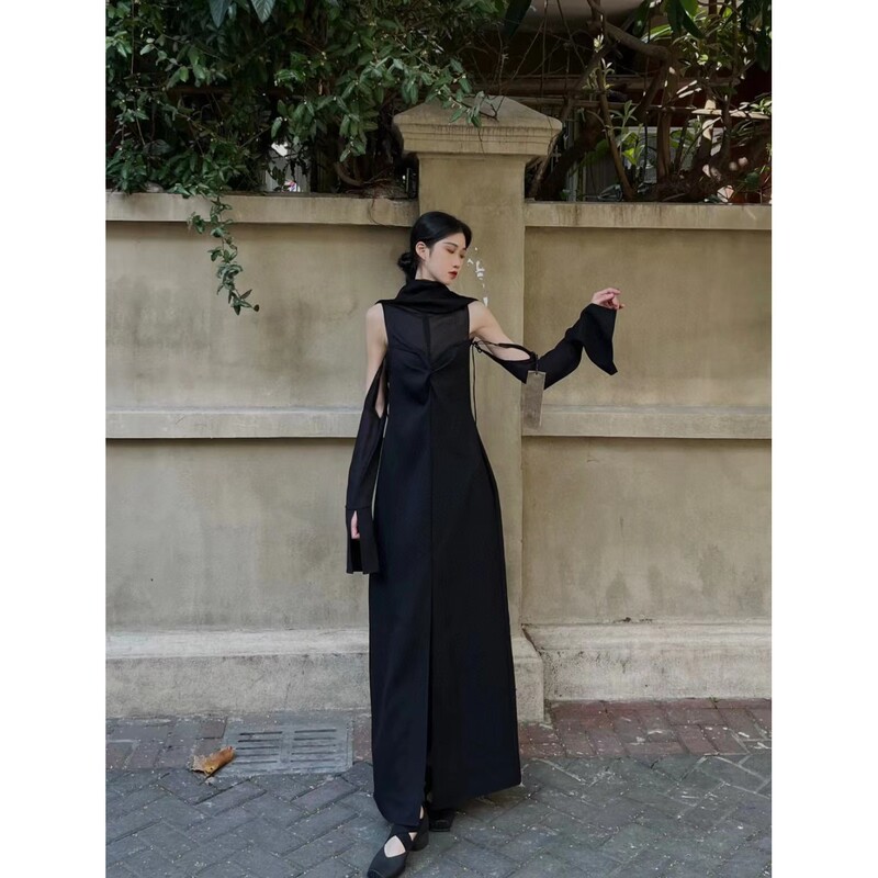 Twelve O'Clock Sleep Time/Dark Niche Designer Witch Dress Rayon Spliced Linen Headscarf Sleeve Dress Twelve O'Clock Sleep Time/Dark Niche Designer Witch Dress Rayon Spliced Linen Headscarf Sleeve Dress